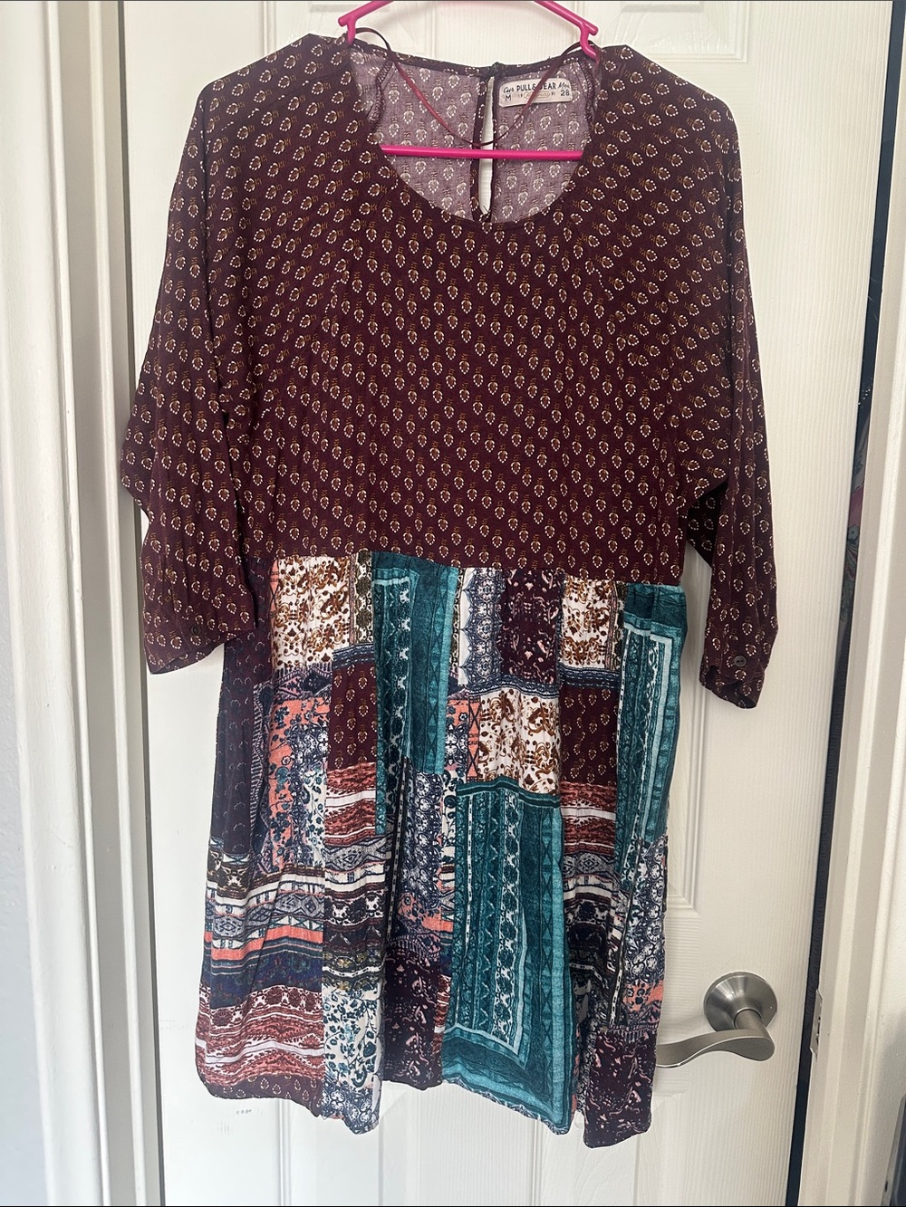 Patchwork Boho Tunic Dress in Burgundy and Teal